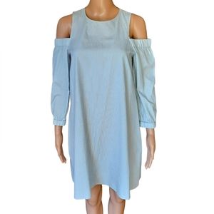 Tibi Womens Cold Shoulder Shift Dress With Pockets Blue Pinstripe Cotton Size 2